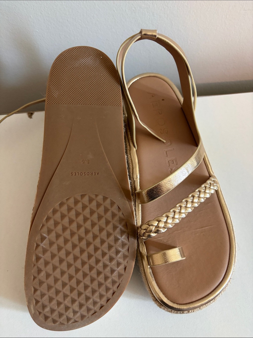 AEROSOLES Metallic Gold Braided Espadrille Platform Sandals - Picture 3 of 3
